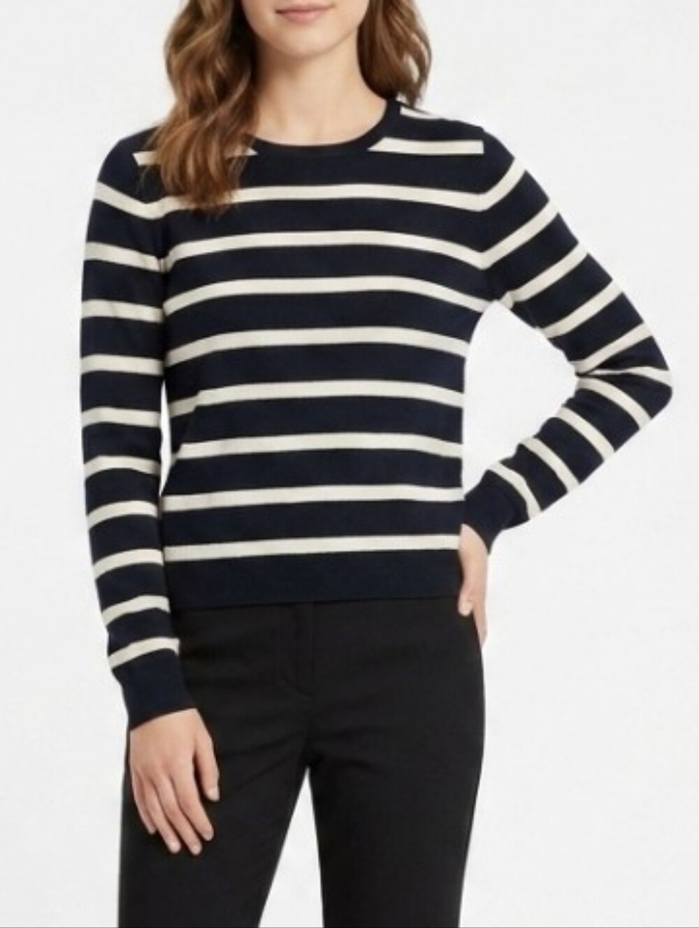 alice + olivia Employed Wool Blend Cream/Black Striped Crew Neck Sweater M